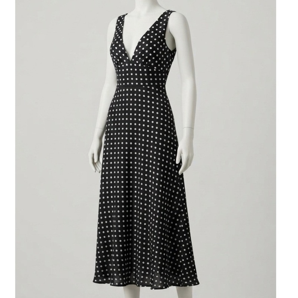 Lulus 50s Rockabilly Black White Polka Dot Cowl Back V Neck Midi Dress L